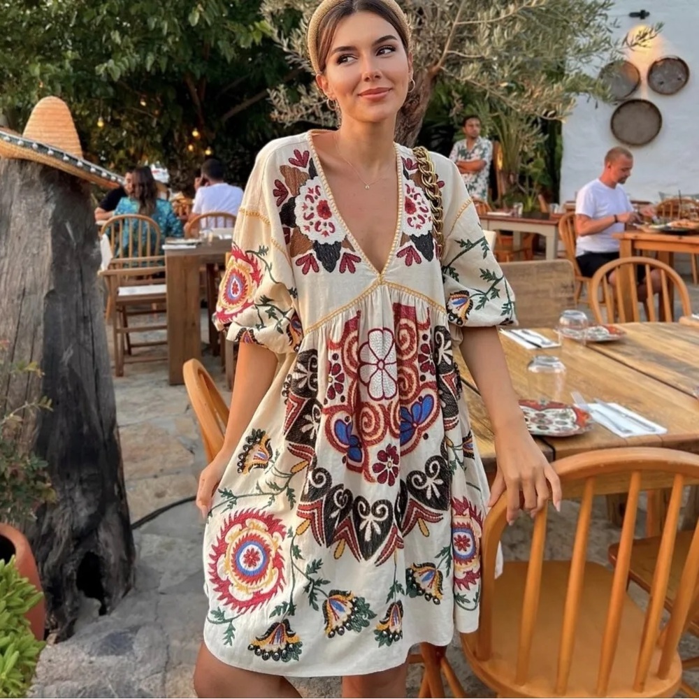 Zara embroidered puff sleeve mini dress